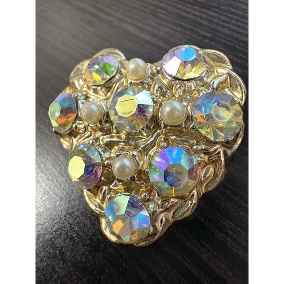 Lovely Crystal Vintage Gold Tone Heart Brooch Pin ~1” - Picture 4 of 7